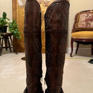 CORRAL G1116 Brown Whip Stitch Studded Knee High Harness Boots Womens Sz 8 M